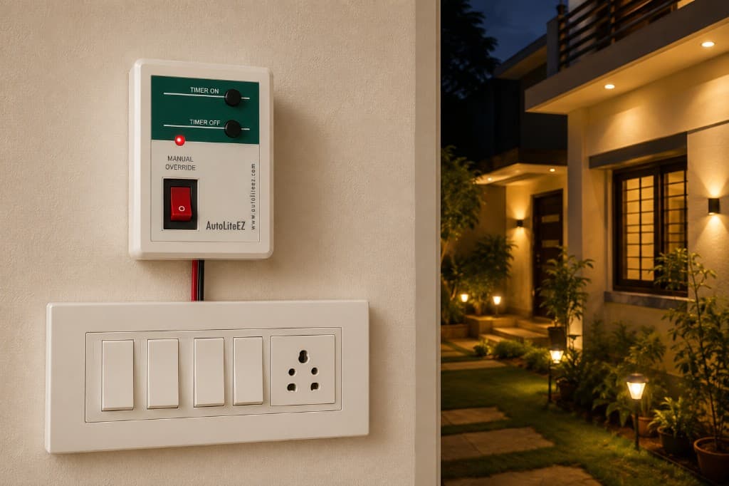 AutoLiteEZ timer installed beside a wall switch, with a home lit by automatic evening lighting